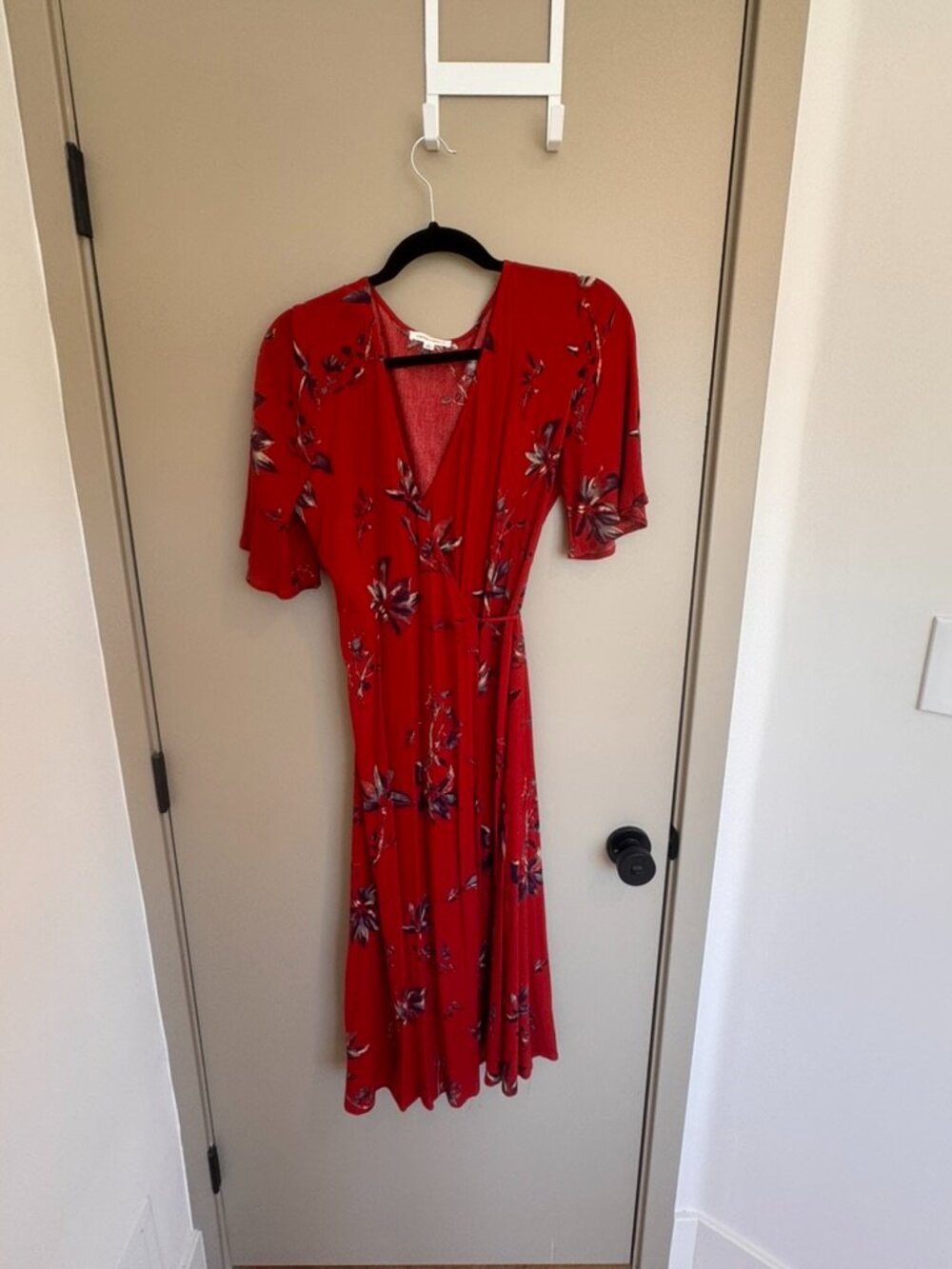 Red, floral wrap dress